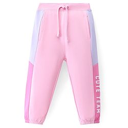 Babyhug Cotton Terry Knit Full Length Lounge Pant with Text Print - Pink