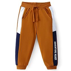 Babyhug Cotton Terry Knit Lounge Pant with Color-Block Design & Text Print - Rust