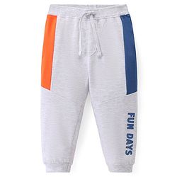 Babyhug Cotton Terry Knit Full Length Colour Block Design Lounge Pant with Text Print - Grey