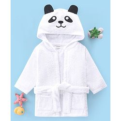 Babyhug Woven Terry Full Sleeve Bathrobe with Panda Print- White