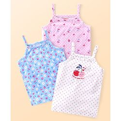Babyhug 100% Cotton Knit Singlet Sleeves Slips Floral & Fruits Print Pack of 3 - White Pink & Blue