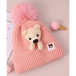 Babyhug Woolen Cap with Teddy Bear Applique - Pink
