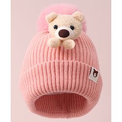 Babyhug Woolen Cap with Teddy Bear Applique - Pink