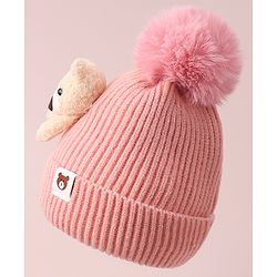 Babyhug Woolen Cap with Teddy Bear Applique - Pink
