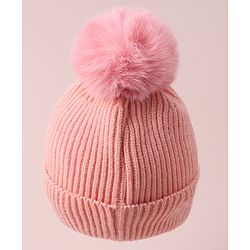 Babyhug Woolen Cap with Teddy Bear Applique - Pink