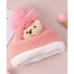 Babyhug Woolen Cap with Teddy Bear Applique - Pink