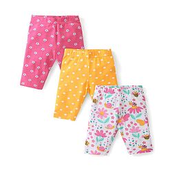 Babyhug Cotton Lycra Three Fourth Leggings with Polka Dots & Floral Print Pack of 3 - Multicolour