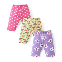 Babyhug Cotton Lycra Knit Three Fourth Leggings with Polka Dots & Floral Print Pack of 3 - Pink Yellow & Purple