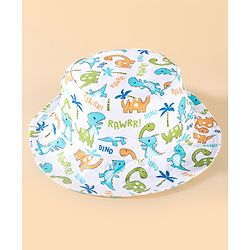 Babyhug Two Layer Cotton Woven Bucket Hat With Dino Print - White