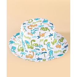 Babyhug Two Layer Cotton Woven Bucket Hat With Dino Print - White