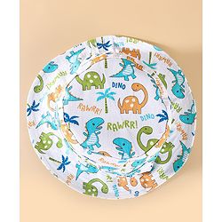 Babyhug Two Layer Cotton Woven Bucket Hat With Dino Print - White