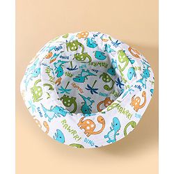 Babyhug Two Layer Cotton Woven Bucket Hat With Dino Print - White
