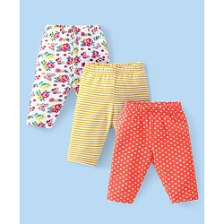 Babyhug Cotton Lycra Three Fourth Leggings Striped Polka Dot & Floral Print Pack of 3 - White Yellow & Red