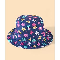 Babyhug Two Layer Cotton Woven Bucket Hat With Floral Print - Navy