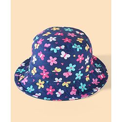 Babyhug Two Layer Cotton Woven Bucket Hat With Floral Print - Navy