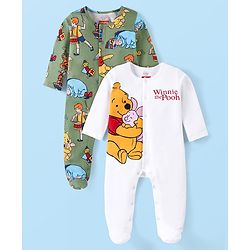 Babyhug Disney Cotton Knit Full Sleeves Sleep Suits With Winnie The Pooh Graphics Pack Of 2 - Green & White