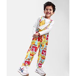 Babyhug Disney Single Jersey Knit Dungaree and Full Sleeves T-Shirt Set Winnie the Pooh Print - White & Red