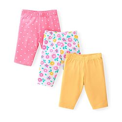 Babyhug Cotton Lycra Knit Three Fourth Leggings with  Floral & Polka Dots Print Pack of 3 - Yellow White & Pink