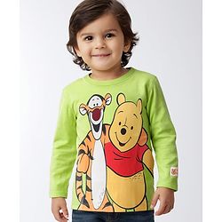 Babyhug Disney Single Jersey Knit Full Sleeves T-Shirt with Winnie The Pooh Graphic and Badge Detailing -Green