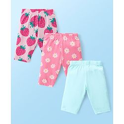 Babyhug Cotton Lycra Knit Three Fourth Leggings with Solid Floral & Strawberry Print Pack of 3 - Blue & Pink
