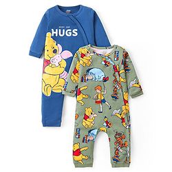 Babyhug Disney Interlock Knit Full Sleeves Rompers With Winnie the Pooh Graphics Pack of 2 - Navy Blue & Olive Green
