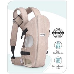 Babyhug Travel Nest Baby Carrier - 100% Polyester, 3 Carrying Positions (Inward Facing, Outward Facing, Back Carrying), Adjustable Straps, Lightweight Free Size (3.5-9kg, 3-12 Months), Hand Washable - Beige