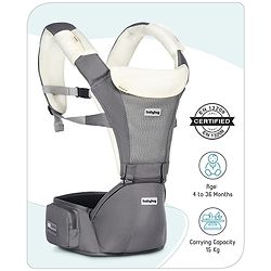 Babyhug Little Voyager Hip Seat Baby Carrier - 100% Polyester, 3 Positions (Inward, Outward, Back Carrying), Ergonomic Design for 4-36 Months (3.5-14.9kg), Adjustable Lumbar Belt, Lightweight, Free Size, Hand Washable - Grey