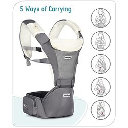 Babyhug Little Voyager Hip Seat Baby Carrier - 100% Polyester, 3 Positions (Inward, Outward, Back Carrying), Ergonomic Design for 4-36 Months (3.5-14.9kg), Adjustable Lumbar Belt, Lightweight, Free Size, Hand Washable - Grey