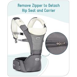 Babyhug Little Voyager Hip Seat Baby Carrier - 100% Polyester, 3 Positions (Inward, Outward, Back Carrying), Ergonomic Design for 4-36 Months (3.5-14.9kg), Adjustable Lumbar Belt, Lightweight, Free Size, Hand Washable - Grey
