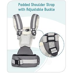 Babyhug Little Voyager Hip Seat Baby Carrier - 100% Polyester, 3 Positions (Inward, Outward, Back Carrying), Ergonomic Design for 4-36 Months (3.5-14.9kg), Adjustable Lumbar Belt, Lightweight, Free Size, Hand Washable - Grey