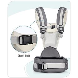 Babyhug Little Voyager Hip Seat Baby Carrier - 100% Polyester, 3 Positions (Inward, Outward, Back Carrying), Ergonomic Design for 4-36 Months (3.5-14.9kg), Adjustable Lumbar Belt, Lightweight, Free Size, Hand Washable - Grey