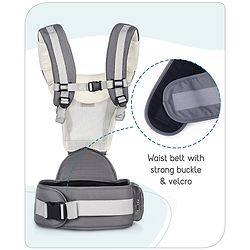 Babyhug Little Voyager Hip Seat Baby Carrier - 100% Polyester, 3 Positions (Inward, Outward, Back Carrying), Ergonomic Design for 4-36 Months (3.5-14.9kg), Adjustable Lumbar Belt, Lightweight, Free Size, Hand Washable - Grey