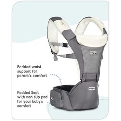 Babyhug Little Voyager Hip Seat Baby Carrier - 100% Polyester, 3 Positions (Inward, Outward, Back Carrying), Ergonomic Design for 4-36 Months (3.5-14.9kg), Adjustable Lumbar Belt, Lightweight, Free Size, Hand Washable - Grey