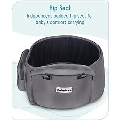 Babyhug Little Voyager Hip Seat Baby Carrier - 100% Polyester, 3 Positions (Inward, Outward, Back Carrying), Ergonomic Design for 4-36 Months (3.5-14.9kg), Adjustable Lumbar Belt, Lightweight, Free Size, Hand Washable - Grey