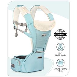 Babyhug Little Voyager Hip Seat Baby Carrier - 100% Polyester, 3 Positions (Inward, Outward, Back Carrying), Ergonomic Design for 4-36 Months (3.5-14.9kg), Adjustable Lumbar Belt, Lightweight, Free Size, Hand Washable - Grey