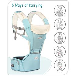 Babyhug Little Voyager Hip Seat Baby Carrier - 100% Polyester, 3 Positions (Inward, Outward, Back Carrying), Ergonomic Design for 4-36 Months (3.5-14.9kg), Adjustable Lumbar Belt, Lightweight, Free Size, Hand Washable - Grey