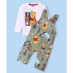 Babyhug Disney Single Jersey Knit Dungaree with Full Sleeve T-Shirt Winnie The Pooh Print - Olive Green & White