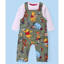 Babyhug Disney Single Jersey Knit Dungaree with Full Sleeve T-Shirt Winnie The Pooh Print - Olive Green & White