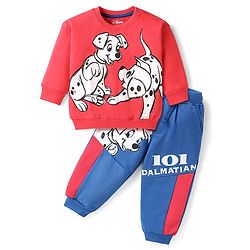 Babyhug Disney Terry Knit Full Sleeves T-Shirt & Jogger Pant Set with 101 Dalmatians Graphic & Quilt Detailing - Red & Blue