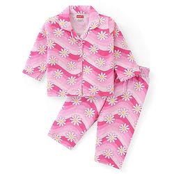 Babyhug Cotton Knit Full Sleeves Night Suit With Floral Print - Pink