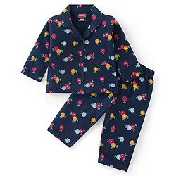 Babyhug Cotton Knit Full Sleeves Collar Neck Night Suit with Floral Print - Navy Blue