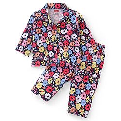 Babyhug Cotton Knit Full Sleeves Night Suit With Floral Print - Navy