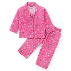 Babyhug Cotton Knit Full Sleeves Collar Neck Night Suit with Floral Print - Pink