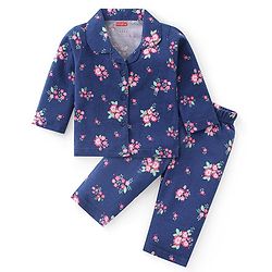 Babyhug Cotton Knit Full Sleeves Collar Neck Night Suit with Floral Print - Navy Blue
