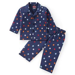 Babyhug Cotton Knit Full Sleeves Collar Neck Night Suit with Star Print  - Navy Blue