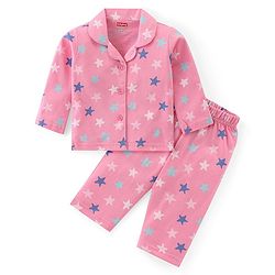 Babyhug Cotton Knit Full Sleeves Collar Neck Night Suit with Star Print - Pink
