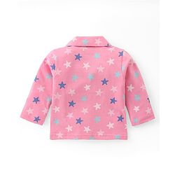 Babyhug Cotton Knit Full Sleeves Collar Neck Night Suit with Star Print - Pink