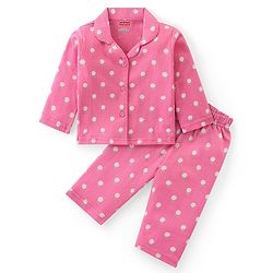 Babyhug Cotton Knit Full Sleeves Collar Neck Night Suit with Floral Print - Pink