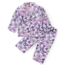 Babyhug Cotton Knit Full Sleeves Collar Neck Night Suit with Floral & Butterfly Print - White