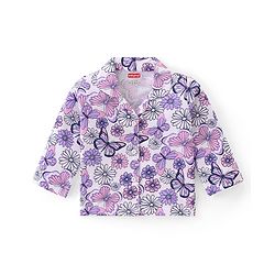 Babyhug Cotton Knit Full Sleeves Collar Neck Night Suit with Floral & Butterfly Print - White